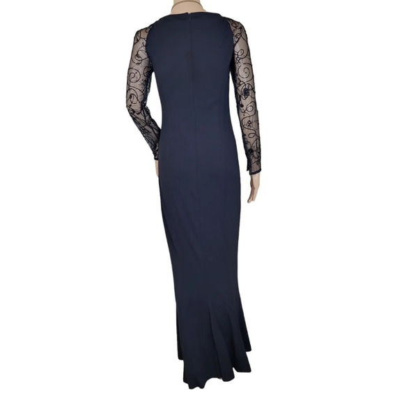 Evening Black Bugle Seeds Beaded Long Sleeve Dress - Picture 2 of 3